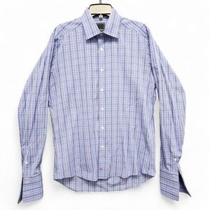 David Donahue Dress Shirt Mens 16.5 36/37 Blue Trim Fit French‎ Cuffs FLAW READ